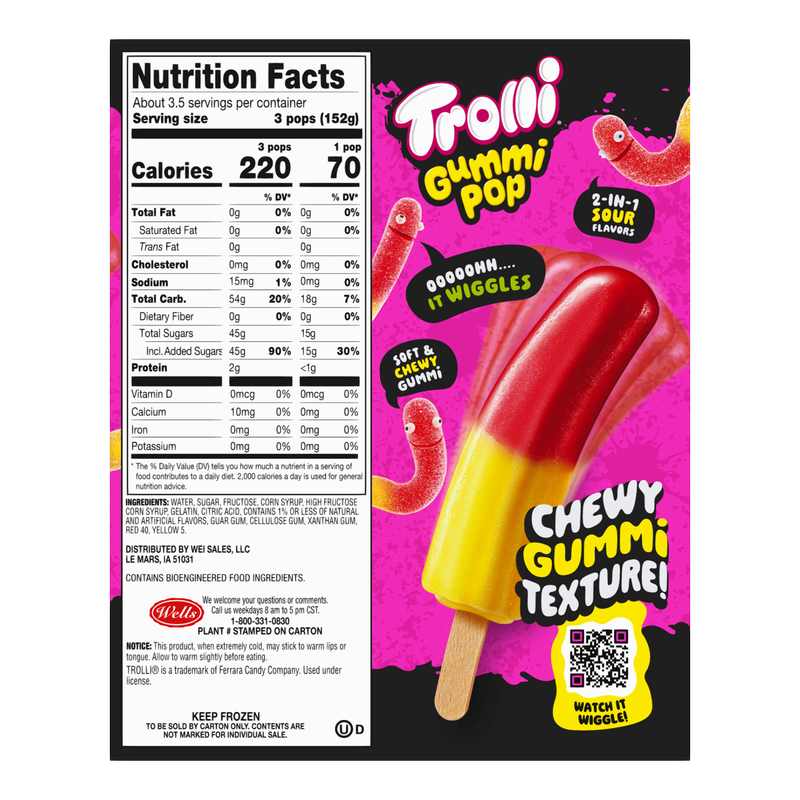 Trolli Frozen Gummi Ice Pops Chewy Sour Gummy Candy Frozen Dessert Snacks, Cherry Lemon, 10 Count