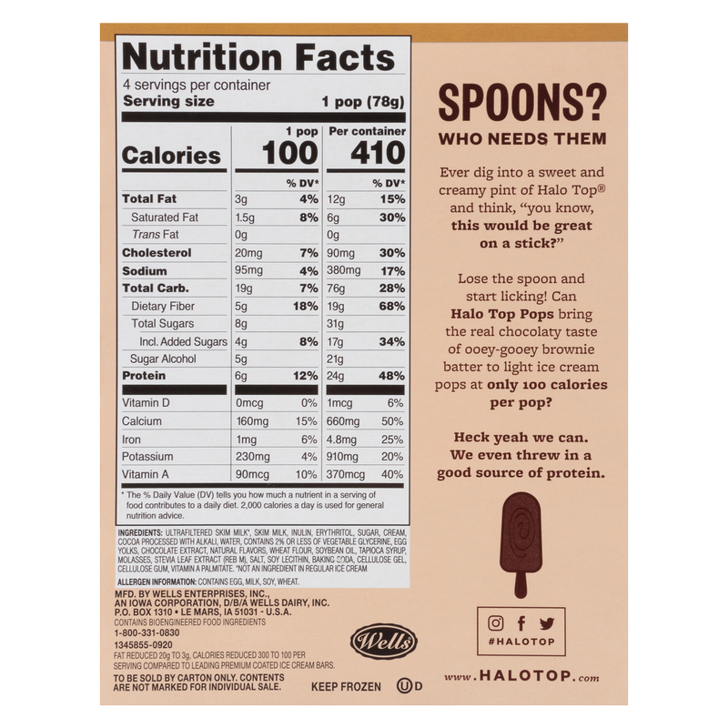 Halo Top Brownie Batter Light Ice Cream Pops, 4 Pack