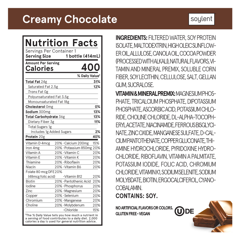 Soylent Creamy Chocolate Complete Nutrition Protein Meal Replacement Shake 14oz Btl