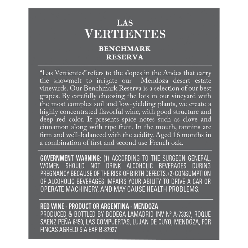 Las Vertientes Benchmark Red Wine 750ml