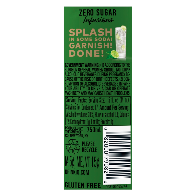 Smirnoff Zero Sugar Infusions Cucumber & Lime (Vodka Infused with Natural Flavors & Essence of Real Botanicals), 750 mL (60 Proof)