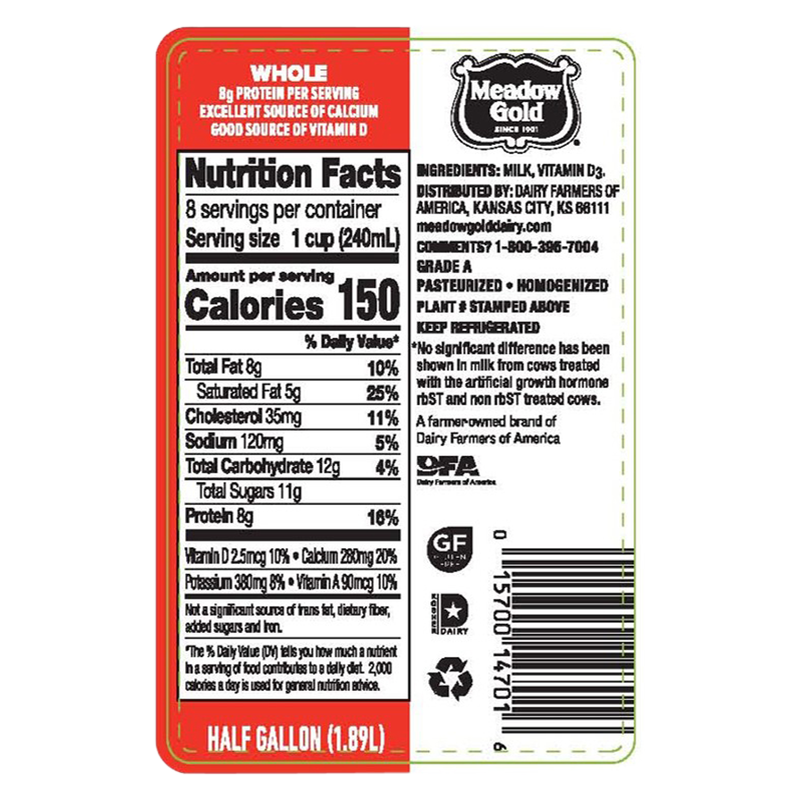 Meadow Gold Whole Vitamin D Milk - 1/2 gallon