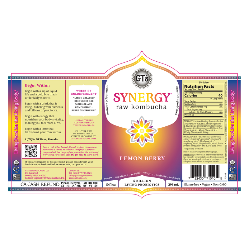 GT's SYNERGY Lemon Berry Kombucha 10oz Bottle