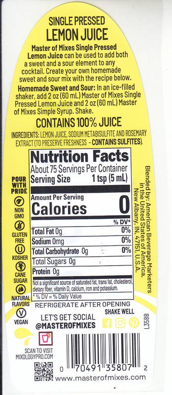 Master Of Mixes Single Pressed Lemon Juice 375mL Btl