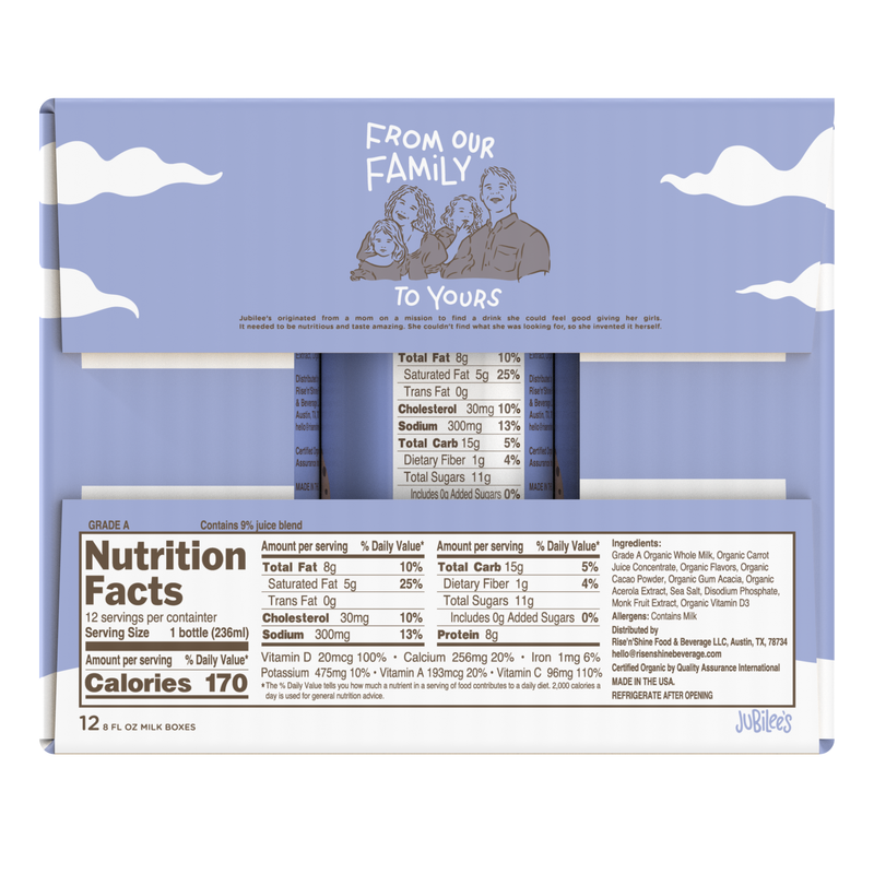 Jubilee's Organic Chocolate Chip Cookie Protein Milk 12pk 8oz Ctn- XL