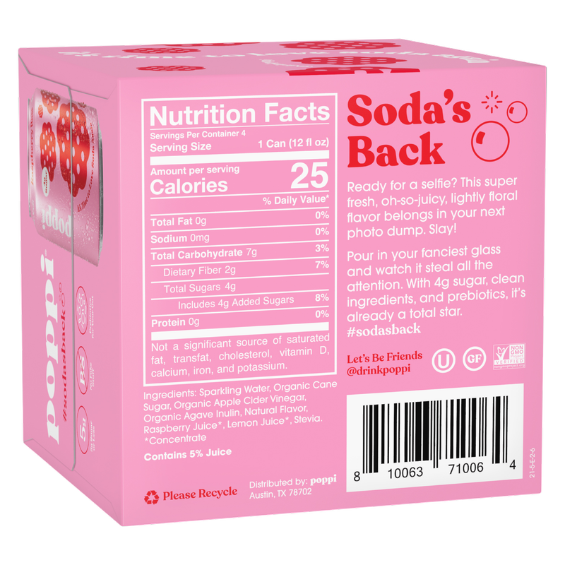 Poppi Prebiotic Soda Raspberry Rose 4pk 12oz Can- XL