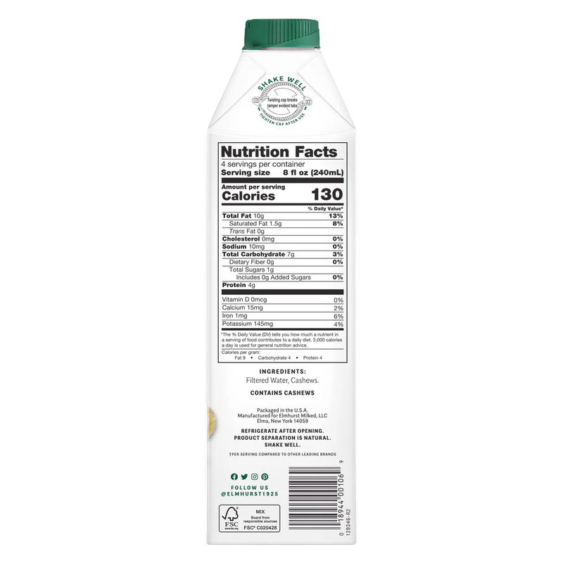 Elmhurst Unsweetened Cashew Milk 32oz Ctn
