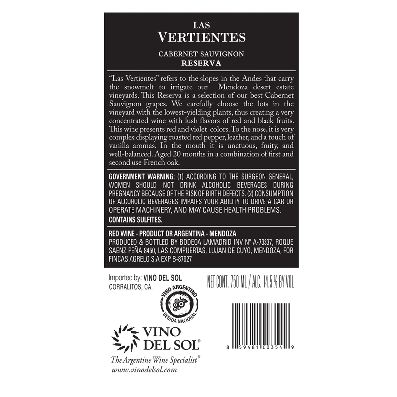 Las Vertientes Cabernet Sauvignon Reserva 750ml