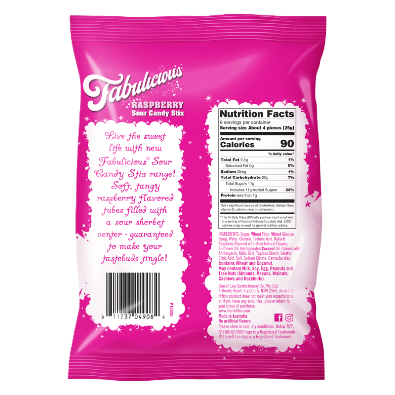 Darrell Lea Fabulicious Raspberry Sour Candy Stix, 7oz