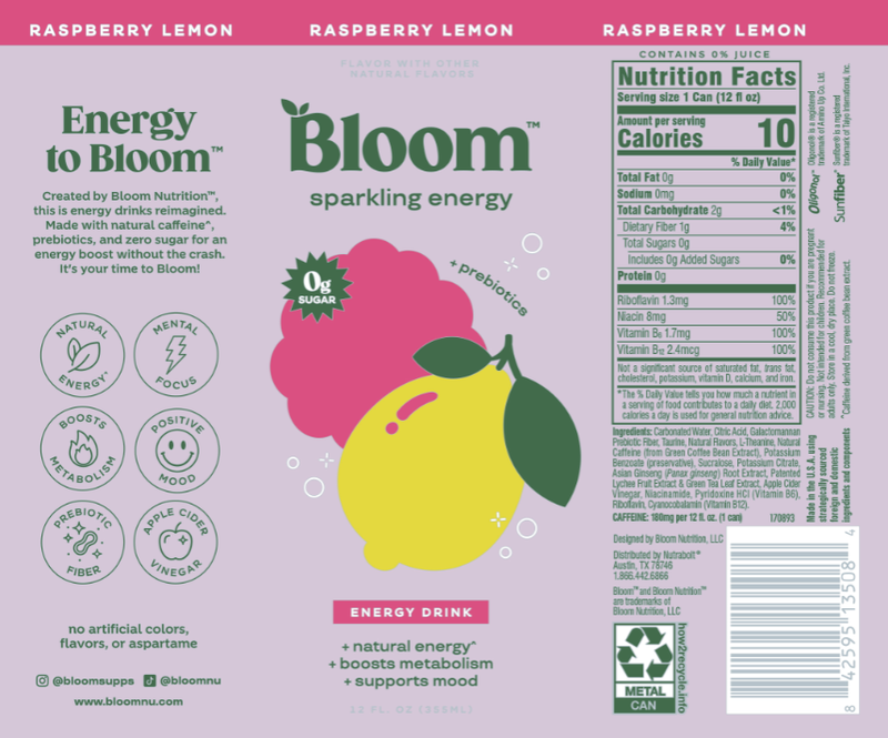 Bloom Raspberry Lemon Sparkling Energy 12oz Can