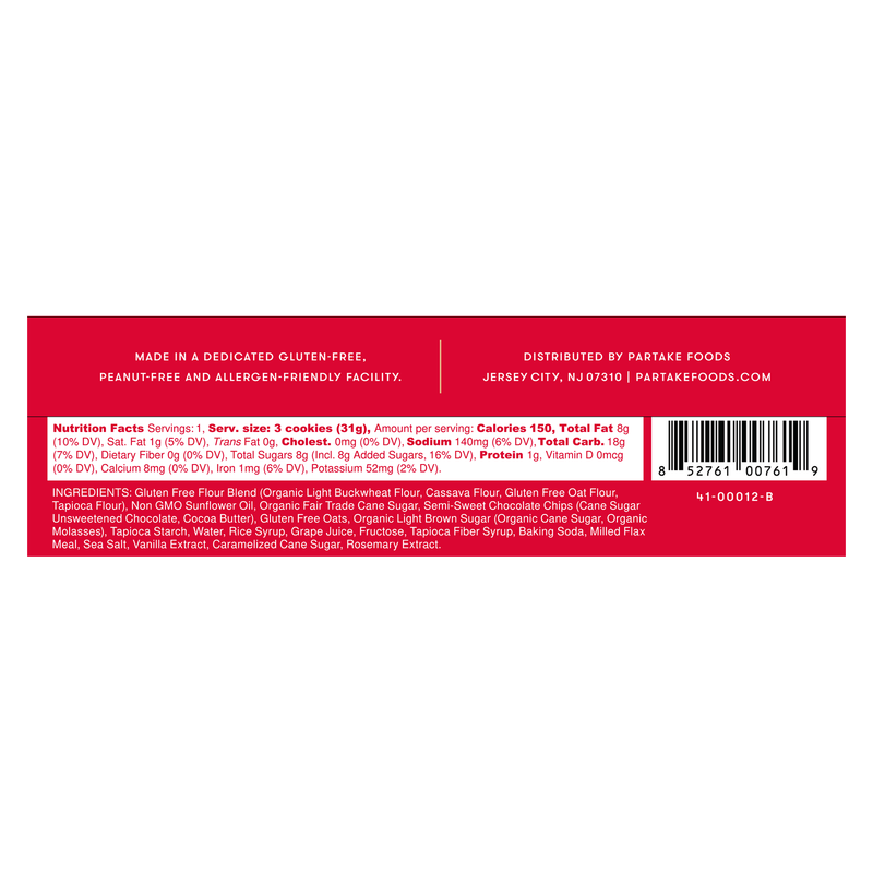 Partake Gluten Free Vegan Soft Baked Chocolate Chip Cookies 3ct