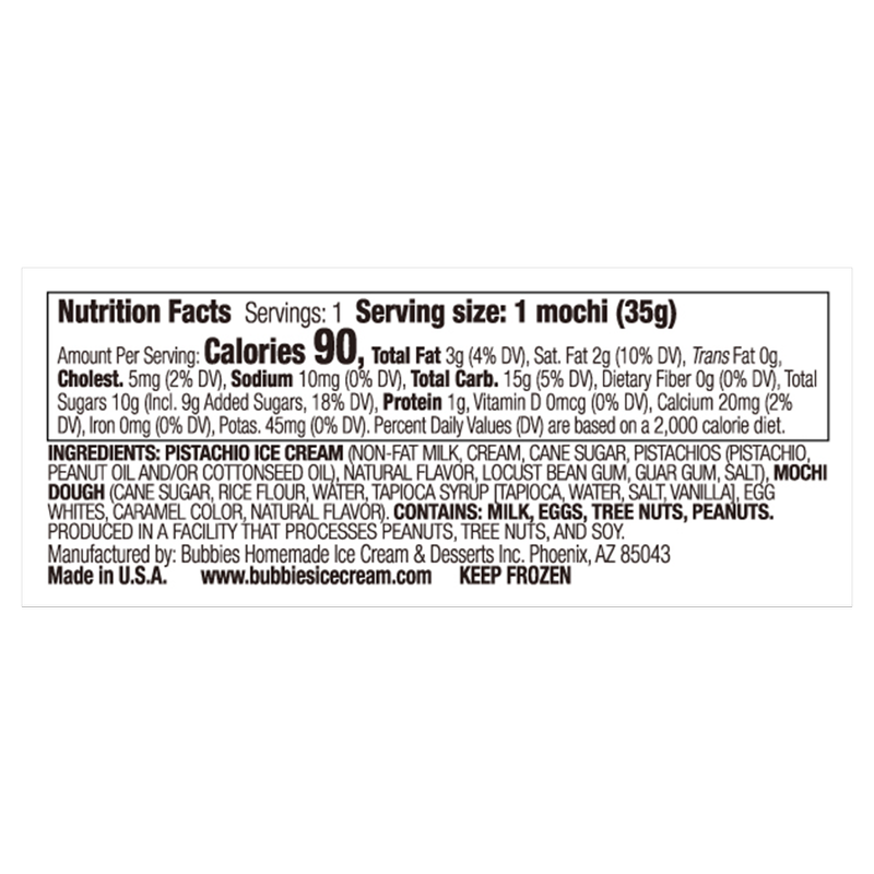 Bubbies Hawaii Pistachio Mochi Ice Cream Individually Wrapped 1ct