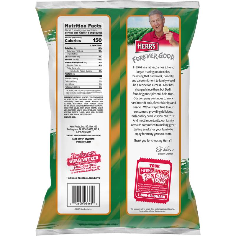 Herr's Sour Cream and French Onion Ripple Chips, 7.75 oz