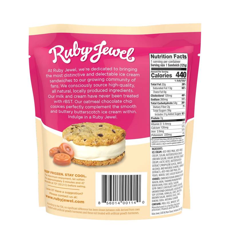 Ruby Jewel Oatmeal Chocolate Chip with Butterscotch Ice Cream Sandwich