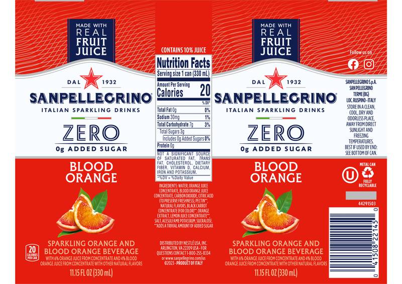 San Pellegrino Zero Sugar Blood Orange Italian Sparkling Drink 6pk 11.15oz Btl