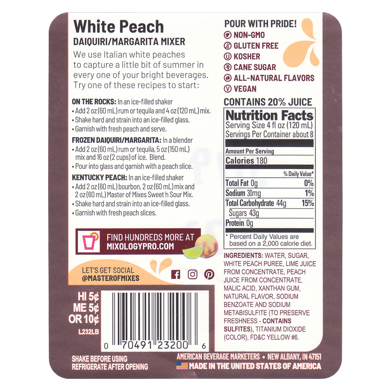 Master of Mixes White Peach Margarita/Daquiri Mix1 Liter