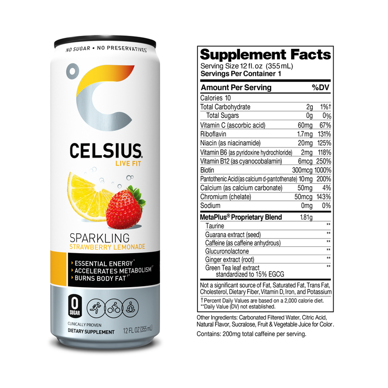 CELSIUS Sparkling Strawberry Lemonade Essential Energy Drink 12oz Can