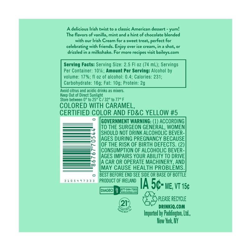 Baileys Vanilla Mint Shake Irish Cream Liqueur 750ml (34 Proof)