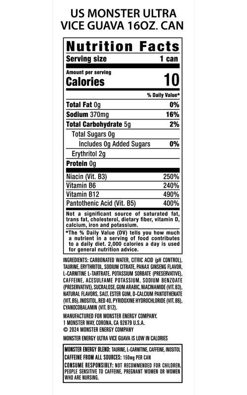 Monster Energy Ultra Vice Guava Energy Drink 16oz Can