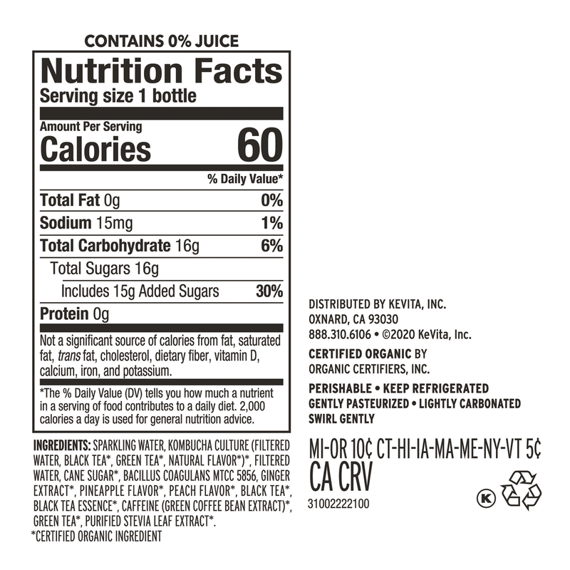 Kevita Pineapple Peach Kombucha 15.2oz Btl