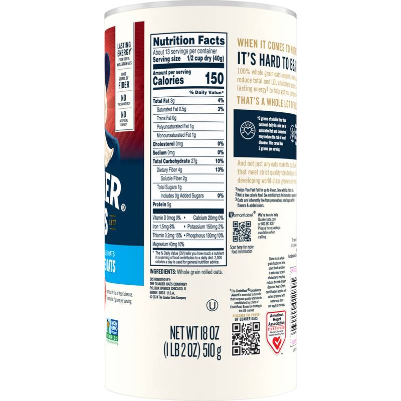 Quaker Oats Quick One Minute 100% Whole Grain Oats 18oz