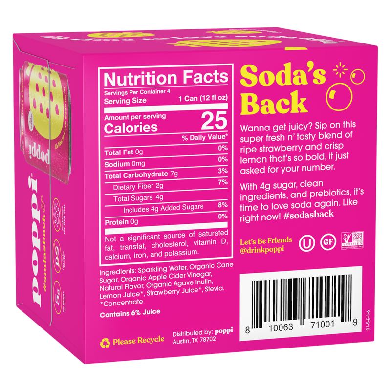 Poppi Prebiotic Soda Strawberry Lemon 4pk 12oz Can- XL