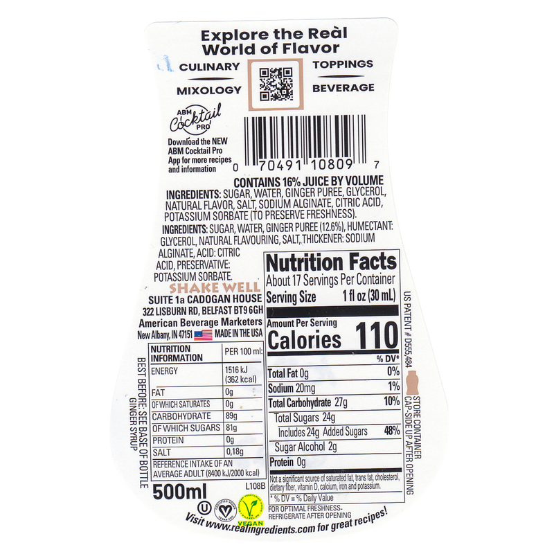 Simply Squeeze Ginger Re'al Puree Infused Syrup 16.9oz Btl