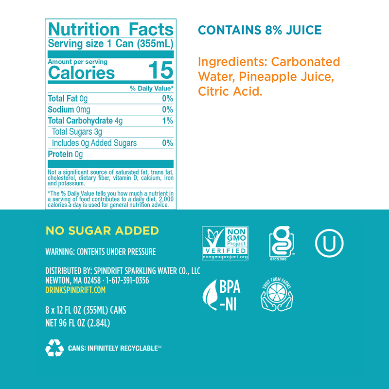 Spindrift Sparkling Water Pineapple 16oz Can