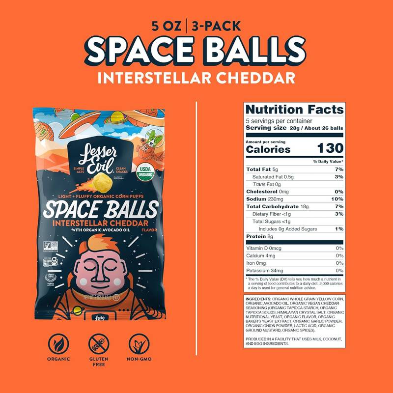 LesserEvil Space Balls, Real Organic Cheddar, 5oz
