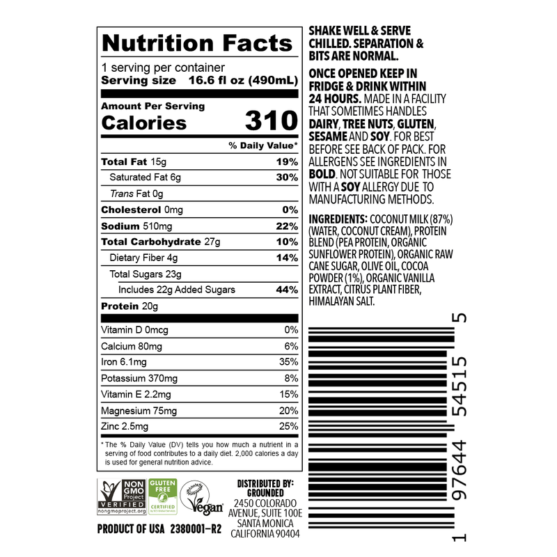 Grounded Chocolate 20g Protein Shake Non-Dairy 16.6oz Ctn