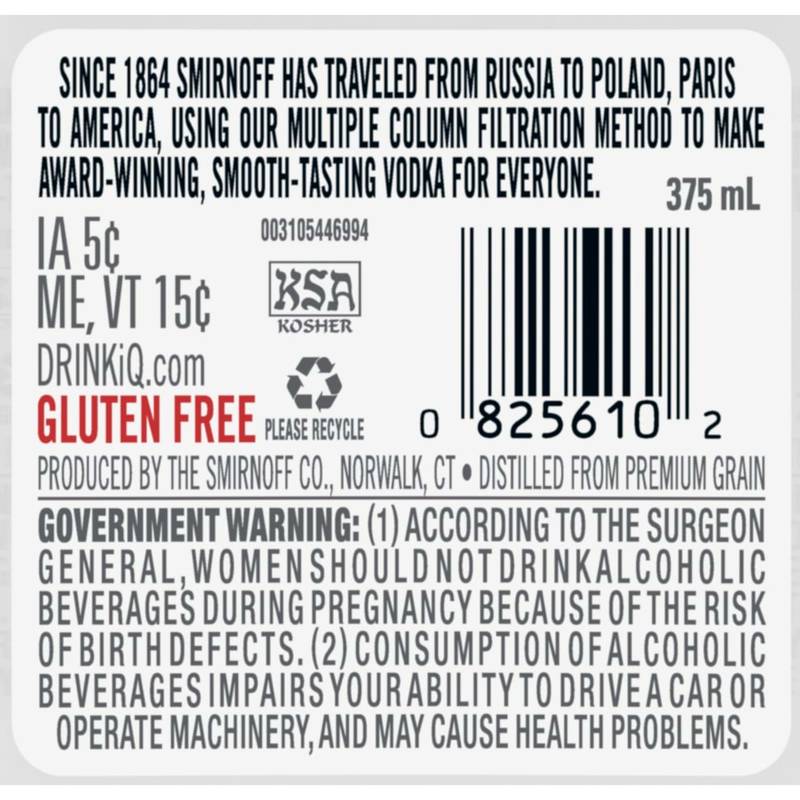 Smirnoff Vodka 375ml PET (80 Proof)