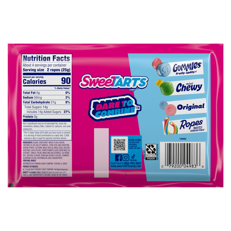 SweeTARTS Ropes, Candy, Watermelon Berry Collision, Soft and Chewy, 3.5 oz