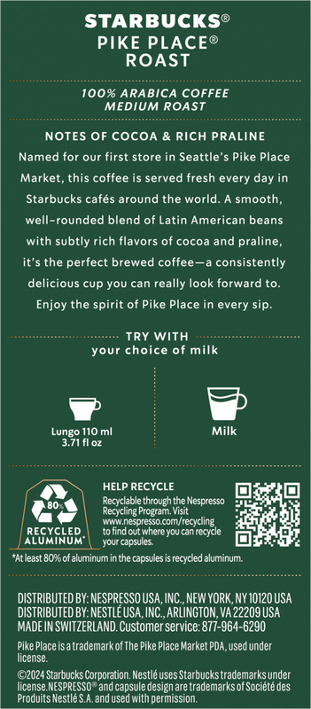 Starbucks By Nespresso Pike Place Roast Capsules 10ct Capsules