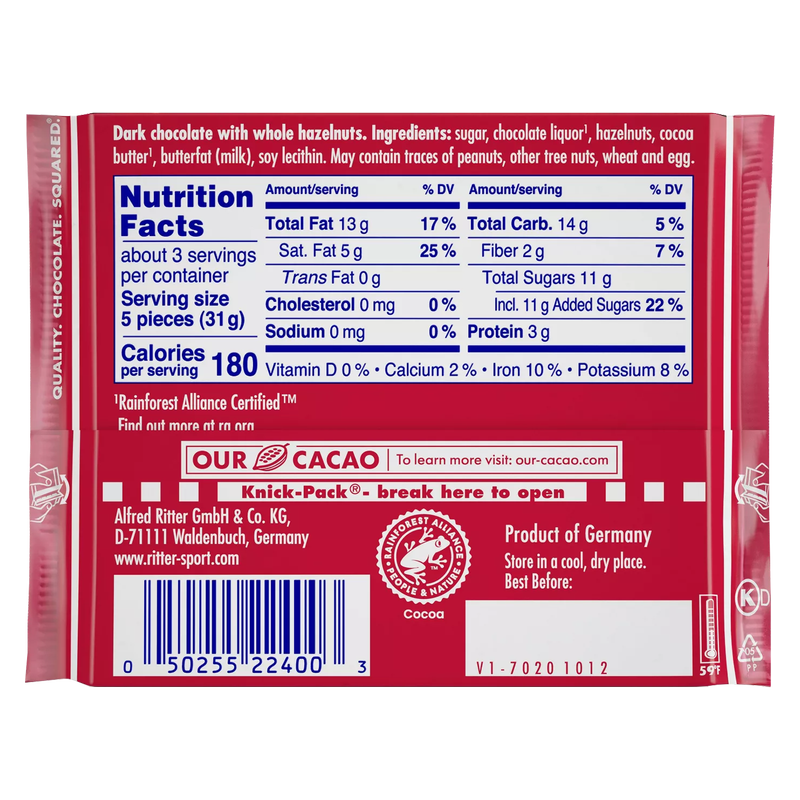 Dark Chocolate With Whole Hazelnuts 3.5oz