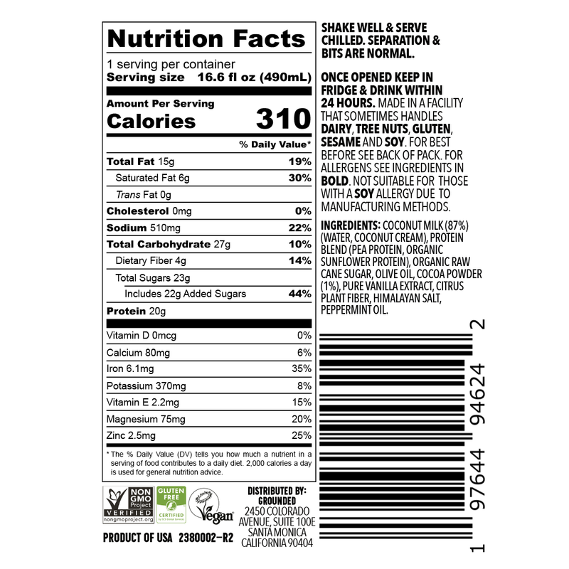 Grounded Mint Chocolate 20g Protein Shake Non-Dairy 16.6oz Ctn