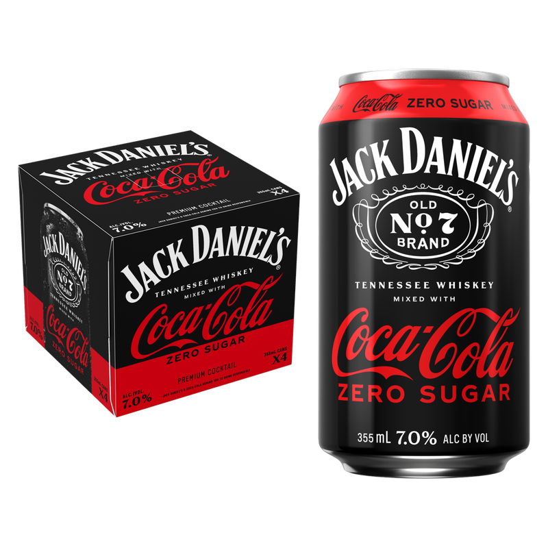 Jack Daniel's & Coke Zero 4pk 355ml Can 7% ABV