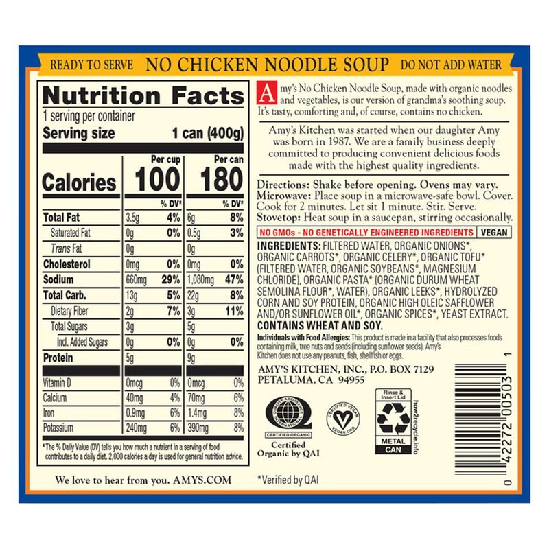 Amy's No Chicken Noodle Soup 14.1oz 12 CT