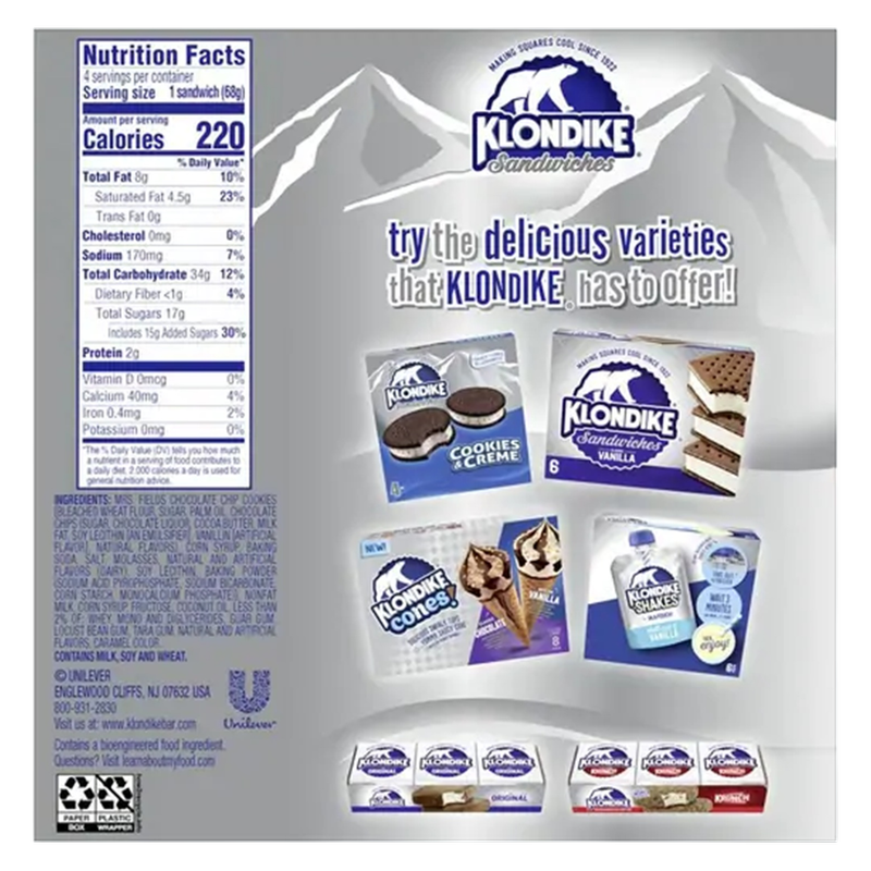 Klondike Mrs. Fields Cookie Ice Cream Sandwich, 4ct.