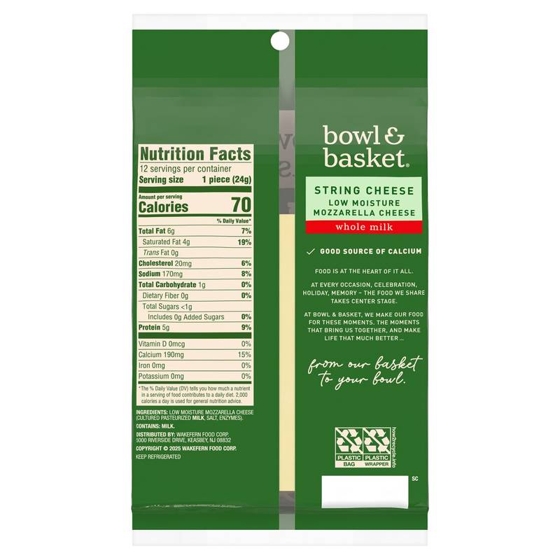 Bowl & Basket Low Moisture Whole Milk Mozzarella String Cheese - 12ct