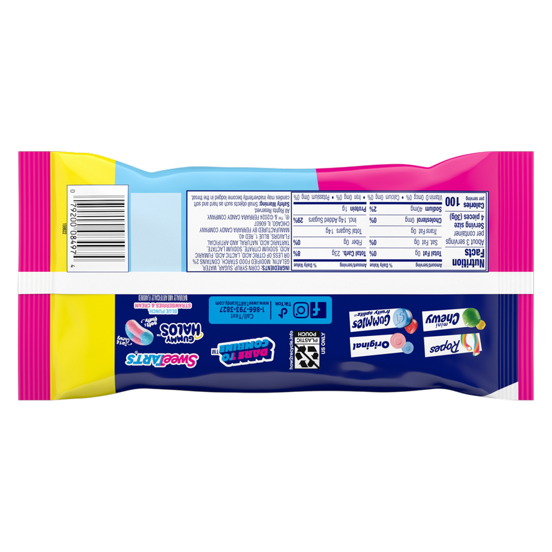 SweeTARTS Gummy Halos, Candy, Blue Punch and Strawberries and Cream, Tart and Chewy, Soft and Fluffy, 3.5 oz