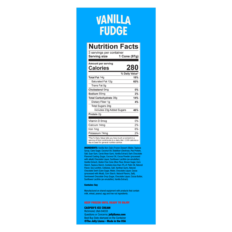 Jolly Llama, Dairy Free Gluten Free Coconut Cream Vanilla Fudge Sundae Cones