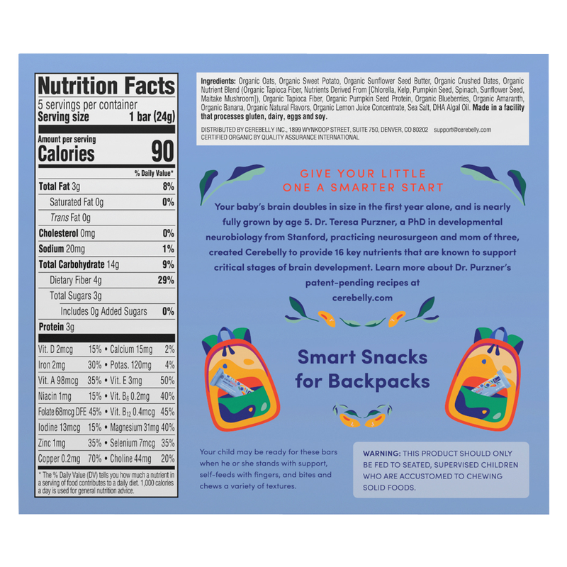 Cerebelly Organic Sweet Potato Blueberry Banana Smart Bars 5pk