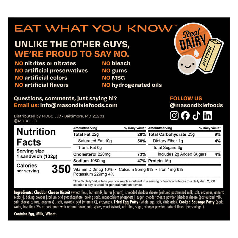 Mason Dixie Foods Single-Serve Cheddar Breakfast Sandwich, 1 ct