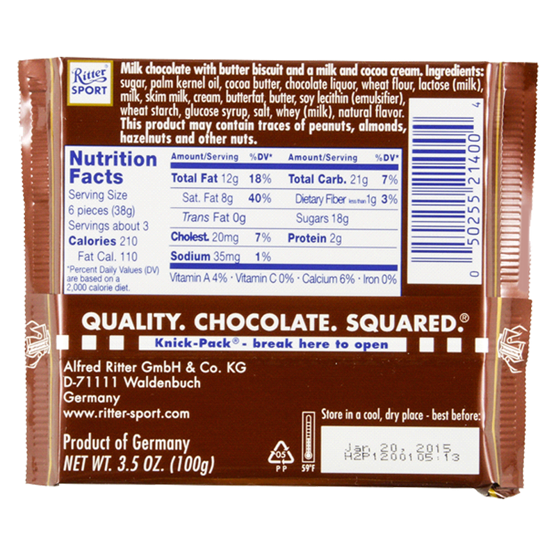 Ritter Sport Milk Chocolate Bar With Butter Bisquit 3.5oz
