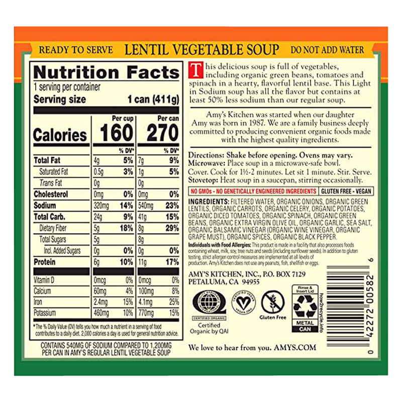 Amy's Lentil Vegetable Soup 14.5oz