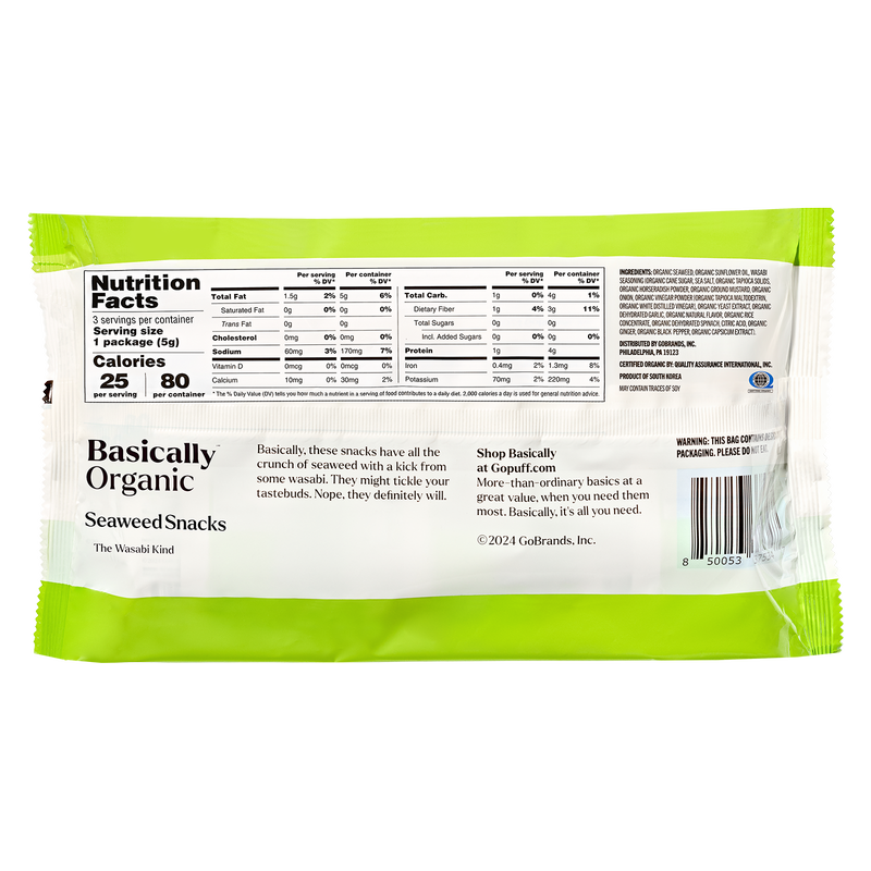 Basically Organic Wasabi Seaweed Snacks, 3 pack