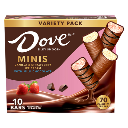 DOVE Vanilla & Strawberry Ice Cream Mini Milk Chocolate Ice Cream Bars Assortment, 10ct