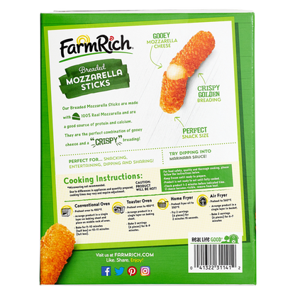 Farm Rich Frozen Breaded 100% Real Mozzarella Cheese Sticks 24oz
