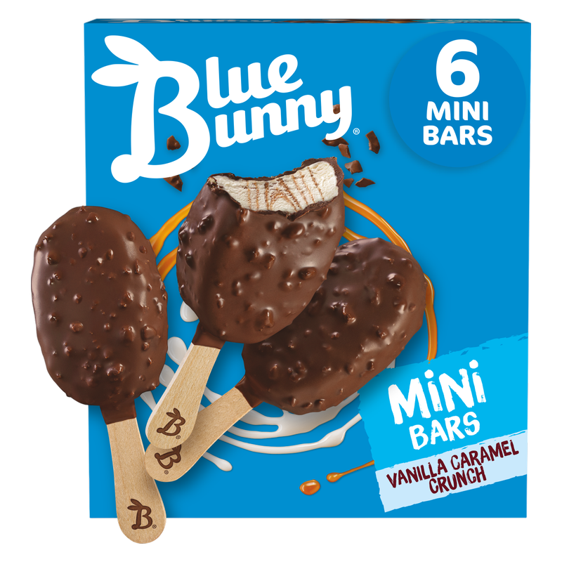 Blue Bunny Mini Bars Vanilla Caramel Crunch, Frozen Dessert, 6 Pack