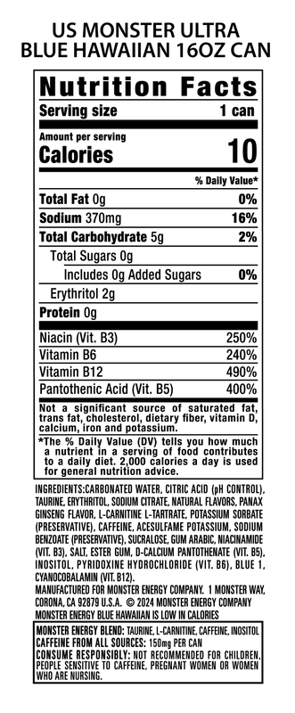 Monster Energy Ultra Blue Hawaiian Energy Drink 16oz Can